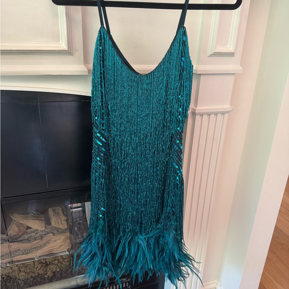 NADINE MERABI Teal Lottie Feathered Dress - Picture 11 of 13